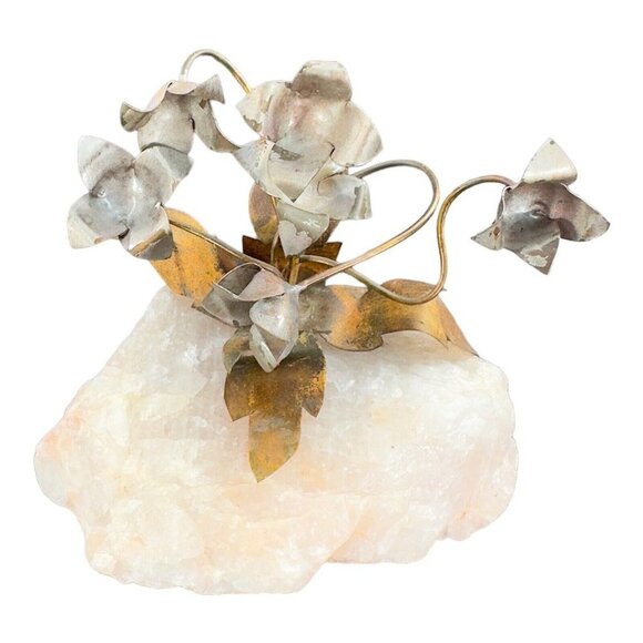 1960s Vintage Metal Flowers On A Pink Stone Mineral Rock Mid Century Figurine - Picture 1 of 10